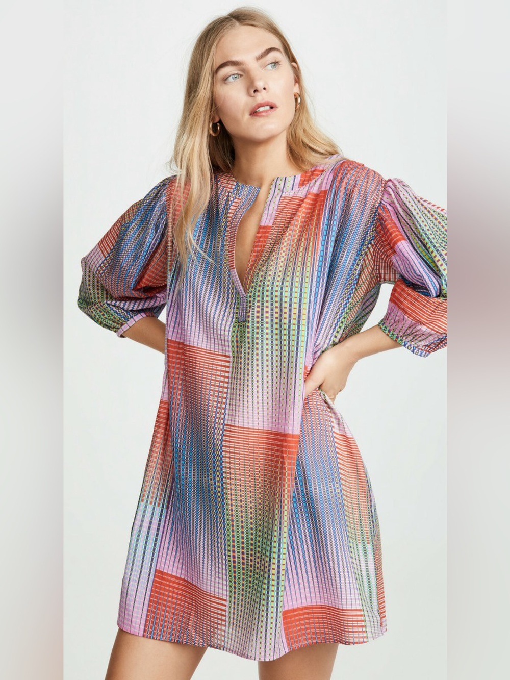 SALONI Multicolor Checked Midi Dress in Red, Blue, Pink